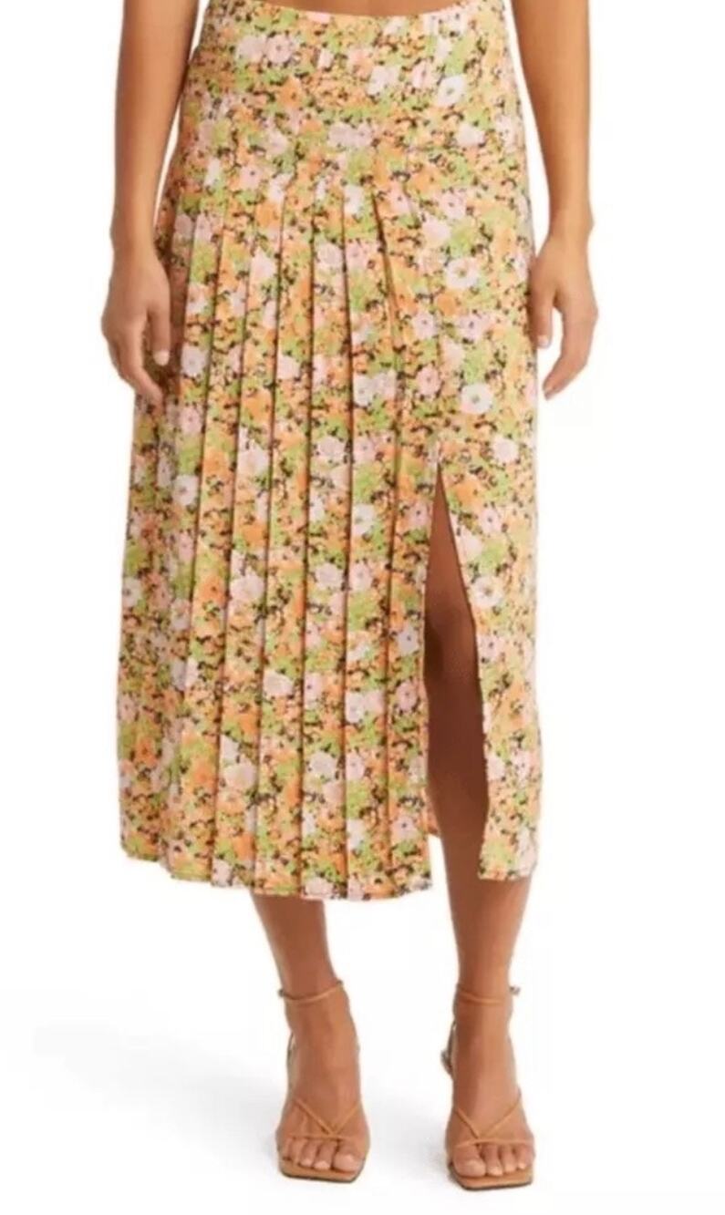 Open Edit Floral Pleated Midi Skirt sz S